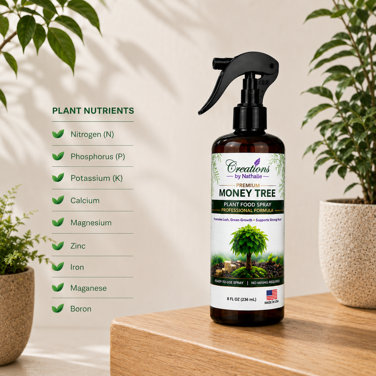 Creations by Nathalie Money Tree Plant Food Spray, Ready-to-Use Liquid Fertilizer for Indoor Plants, Indoor Plant Food for Houseplants, Plant Food for Indoor Plants, House Plant Food, 8 Fl Oz