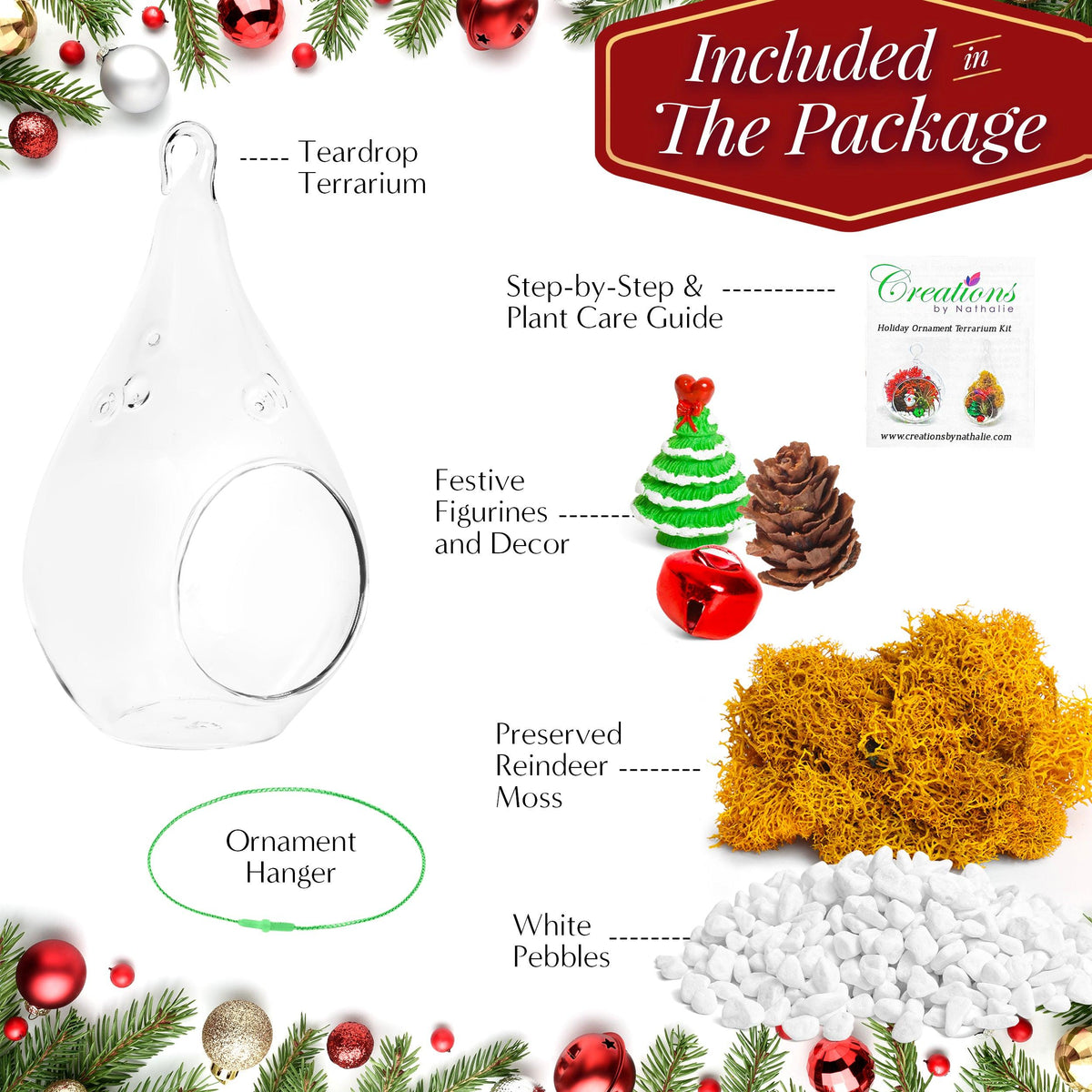 5" Glass Teardrop Holiday Ornament Terrarium Kit - Creations by Nathalie