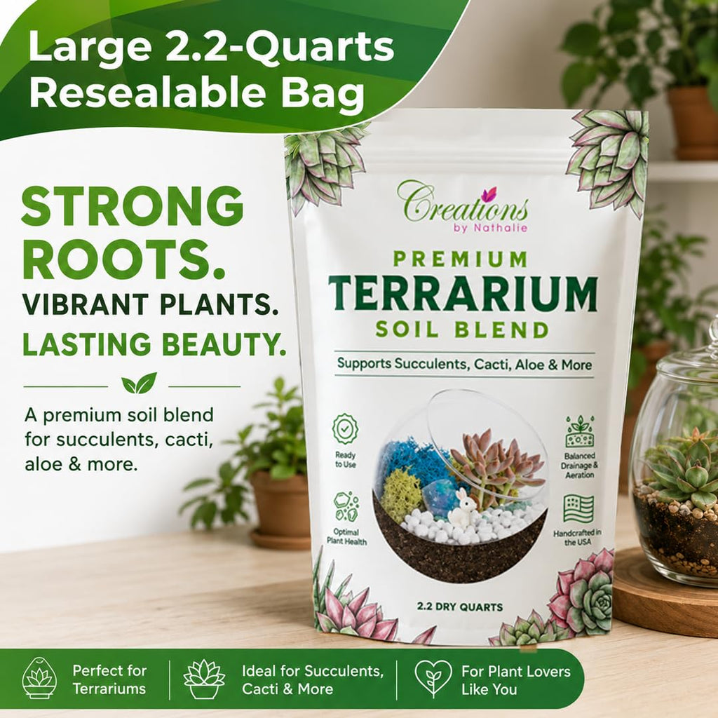Terrarium Soil Mix — Well-Draining Succulent & Cactus Potting Soil, 2.2 QT | Natural Pine Bark, Peat & Coarse Sand Indoor Planting Blend