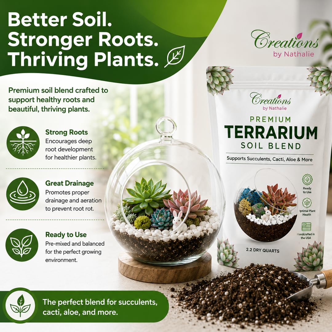 Terrarium Soil Mix — Well-Draining Succulent & Cactus Potting Soil, 2.2 QT | Natural Pine Bark, Peat & Coarse Sand Indoor Planting Blend