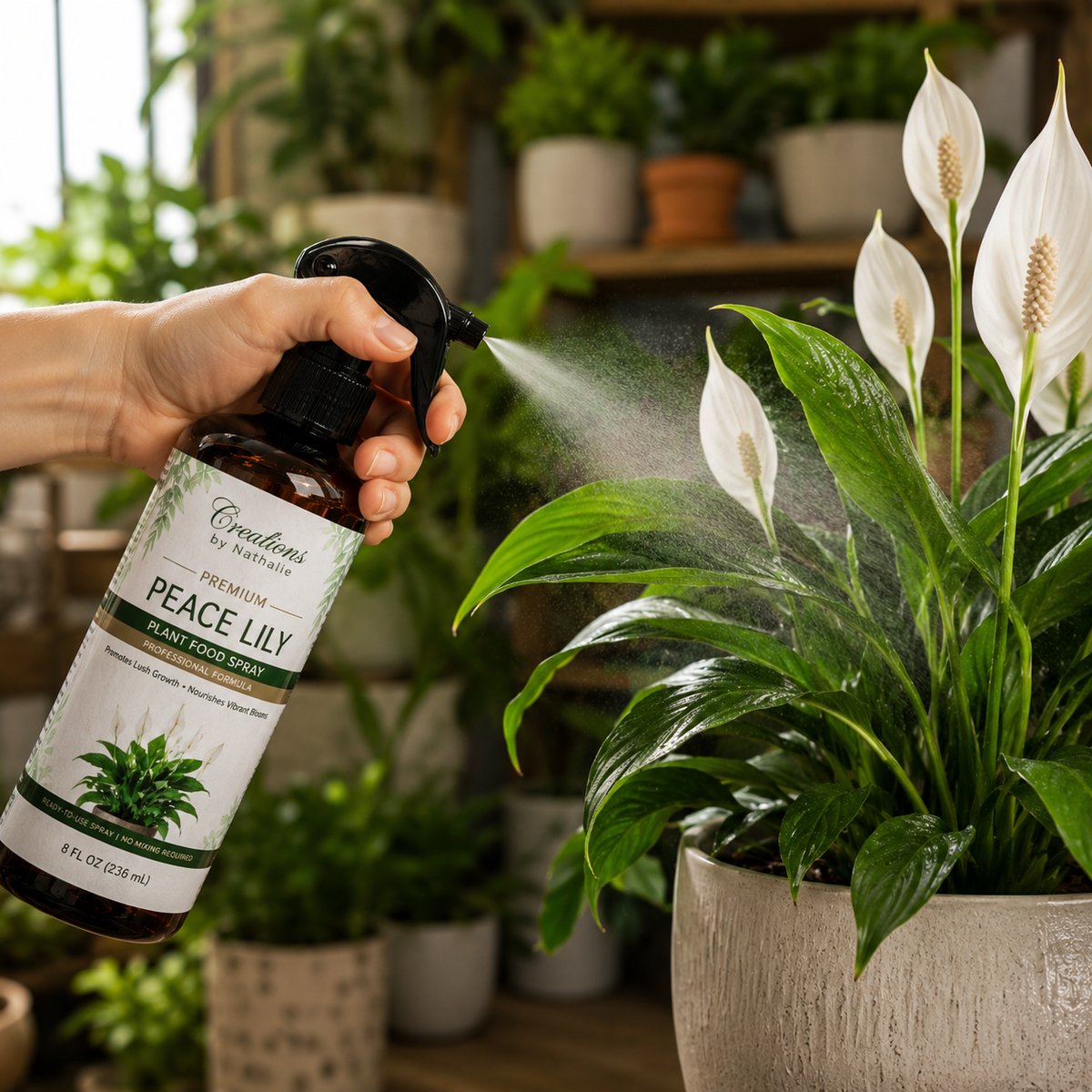 Creations by Nathalie Peace Lily Plant Food Spray, Liquid Plant Food for Indoor Plants, Ready to Use Indoor Plant Food, Peace Lily Fertilizer, House Plant Food for Houseplants, 8 Fl Oz