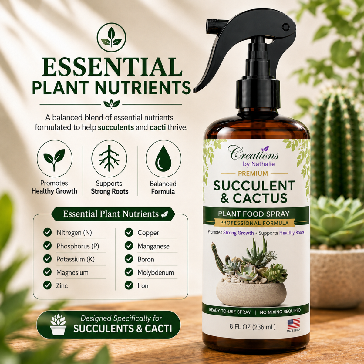 Creations by Nathalie Succulent & Cactus Plant Food Spray, Ready to Use Liquid Plant Food for Indoor Plant Food, House Plant Food, Liquid Fertilizer for Succulent Plants & Cactus, 8 Fl Oz