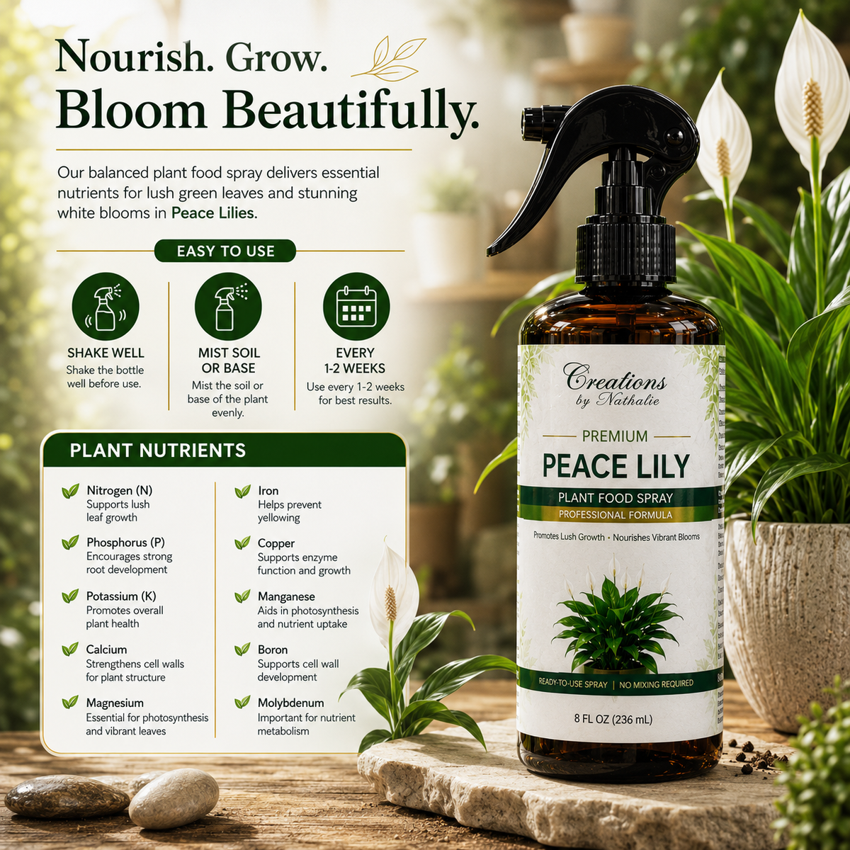 Creations by Nathalie Peace Lily Plant Food Spray, Liquid Plant Food for Indoor Plants, Ready to Use Indoor Plant Food, Peace Lily Fertilizer, House Plant Food for Houseplants, 8 Fl Oz