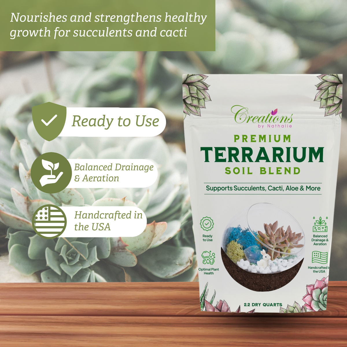 Terrarium Soil Mix — Well-Draining Succulent & Cactus Potting Soil, 2.2 QT | Natural Pine Bark, Peat & Coarse Sand Indoor Planting Blend