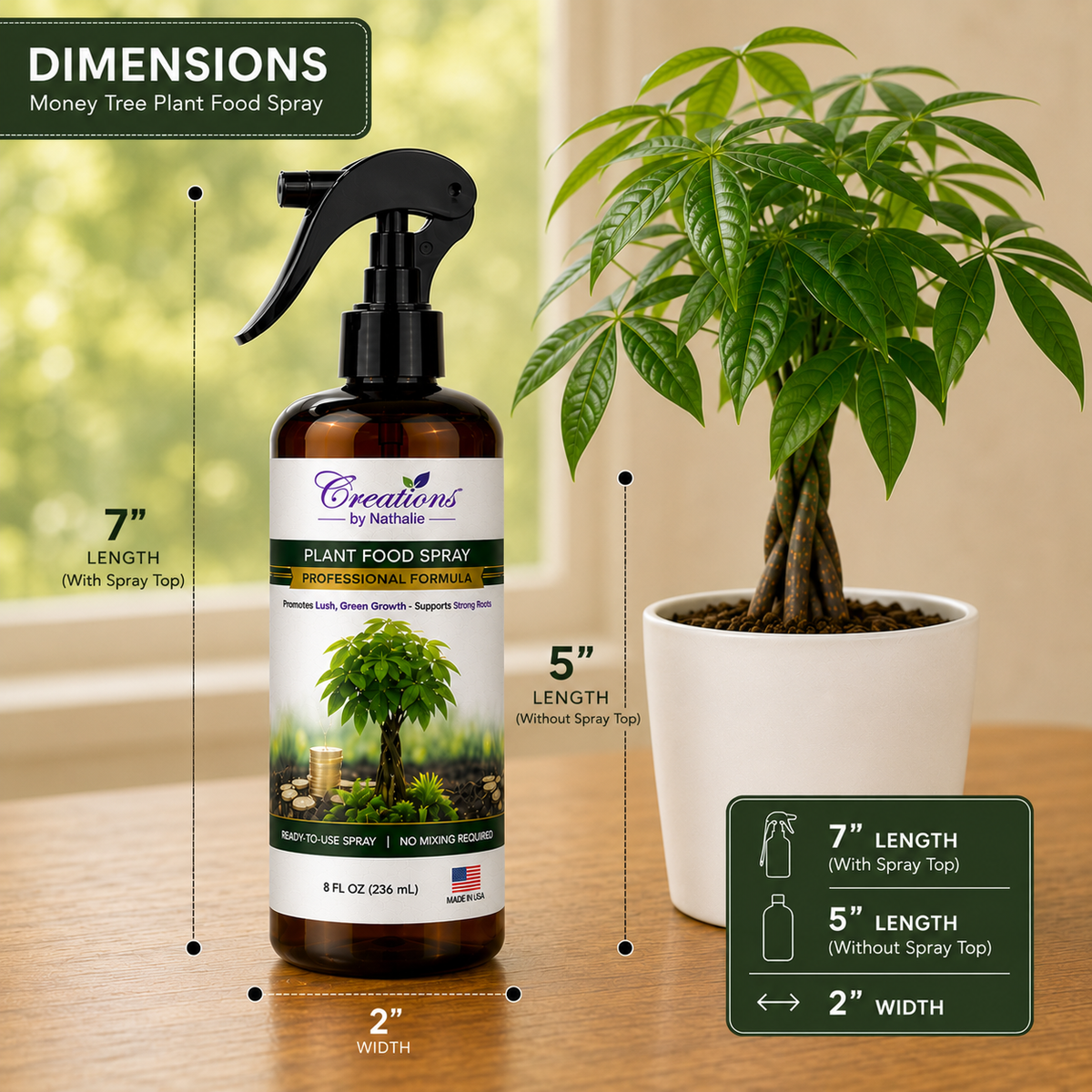 Creations by Nathalie Money Tree Plant Food Spray, Ready-to-Use Liquid Fertilizer for Indoor Plants, Indoor Plant Food for Houseplants, Plant Food for Indoor Plants, House Plant Food, 8 Fl Oz
