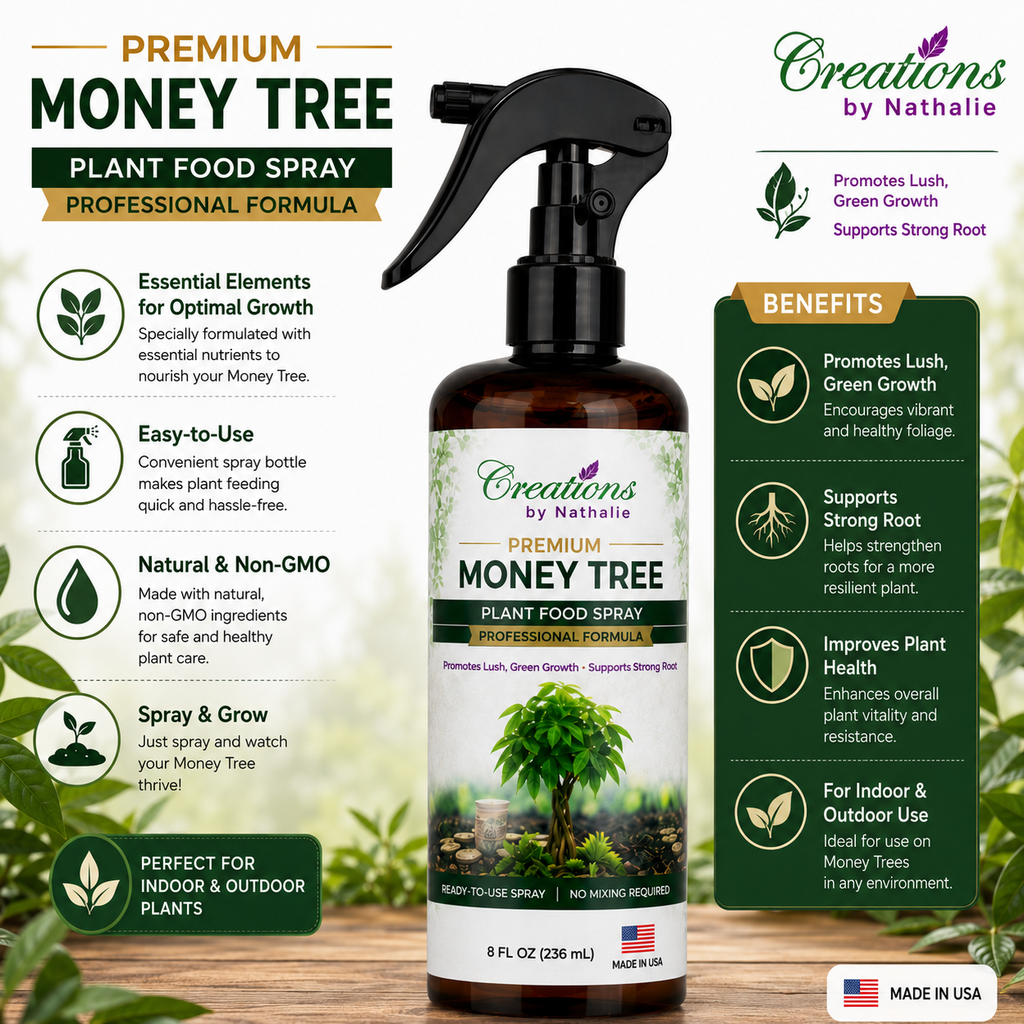Creations by Nathalie Money Tree Plant Food Spray, Ready-to-Use Liquid Fertilizer for Indoor Plants, Indoor Plant Food for Houseplants, Plant Food for Indoor Plants, House Plant Food, 8 Fl Oz